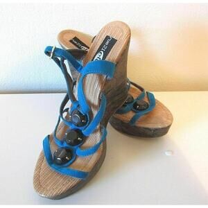 Rue 21 Sandal Wedges L 8/9 Womens Blue Brown Strappy Ankle Open Toe Heels